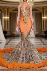 Mermaid High Neck Floor-length Sleeveless Appliques Lace Semi Formal Prom Dresses With Feather